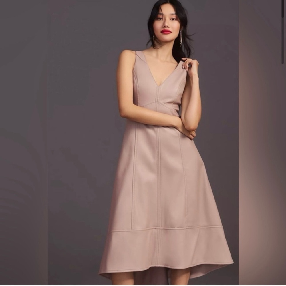 Maeve Beige V-Neck Faux Leather Midi Dress